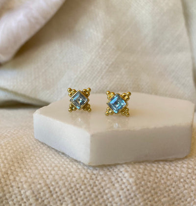 Blue Topaz Square Gold Stud Earrings Blue Gemstone Jewelry December Birthstone Gifts 14K Gold Vermeil Earrings Small Topaz Studs Ariella