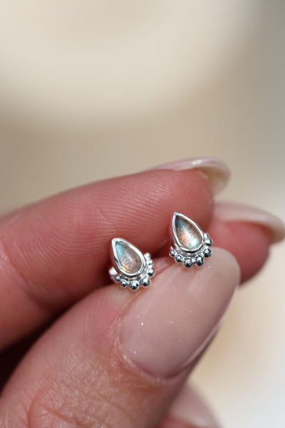 Mini Stud Earrings Silver Pear Shaped Labradorite Jewelry Tiny Teardrop Studs for Seconds Small Green Stone Earrings Multiple Piercing Studs