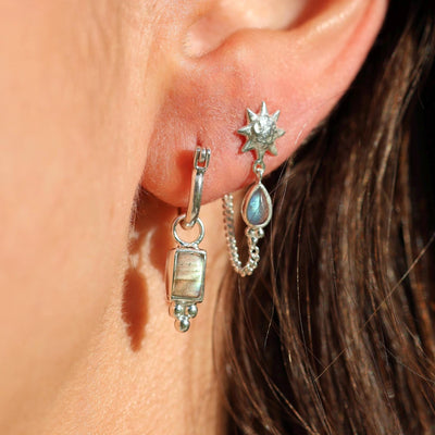 Labradorite Dangle Studs Sun Silver Jewelry Hand Made Unique Earrings Gifts For Her Green Stone Studs Front to Back Chain Cosmic Jewelry