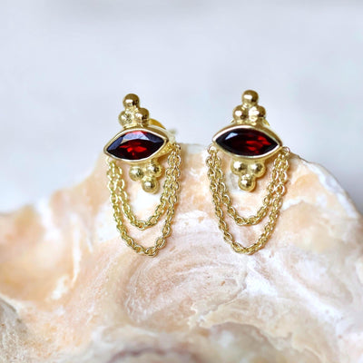 Garnet Gold Earrings Eye Shaped Stud Earrings Protection Jewelry Red Stone 14K Gold Vermeil Boho Studs Gemstone Jewelry Birthstone Janurary