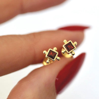Tiny Red Stud Earrings Garnet Gold Square Studs Earrings 5mm Micro Studs Red Stone 14K Gold Vermeil Small Studs Precious Stone Jewelry Gold
