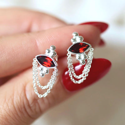 Garnet Gold Earrings Eye Shaped Stud Earrings Protection Jewelry Red Stone 14K Gold Vermeil Boho Studs Gemstone Jewelry Birthstone Janurary