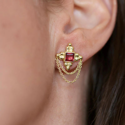 Elegant Garnet Earrings Red Stone Studs Occasion Jewelry Boho Chic Studs Dangling Chain 14K Gold Vermeil Jewelry January Birthstone Gifts