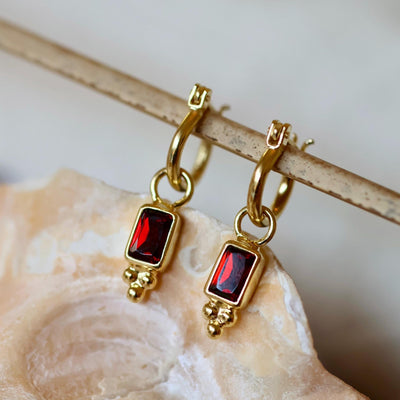 Gold Garnet Earrings Square Red Stone Chain Studs Occasion Jewelry Boho Chic Studs Pear Stone Dangling Chain 14K Gold Vermeil Jewelry