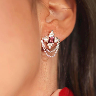 Silver Garnet Earrings Red Stone Studs Occasion Jewelry Boho Chic Studs Dangling Chain Sterling Silver Jewelry January Birthstone Gifts 925
