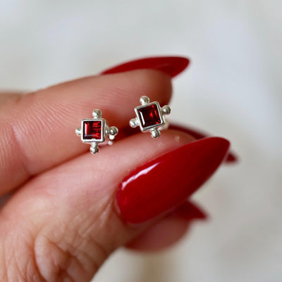 Tiny Stud Earrings Red Garnet Silver Square Studs Earrings 5mm Micro Studs Red Stone Small Studs Precious Stone Jewelry Sterling Silver