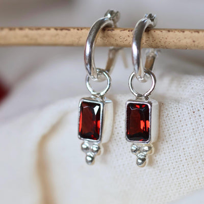 Gold Garnet Earrings Square Red Stone Chain Studs Occasion Jewelry Boho Chic Studs Pear Stone Dangling Chain 14K Gold Vermeil Jewelry