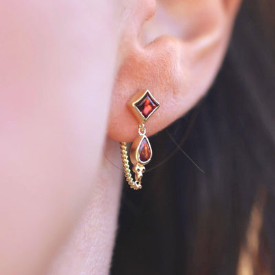 Gold Garnet Earrings Square Red Stone Chain Studs Occasion Jewelry Boho Chic Studs Pear Stone Dangling Chain 14K Gold Vermeil Jewelry