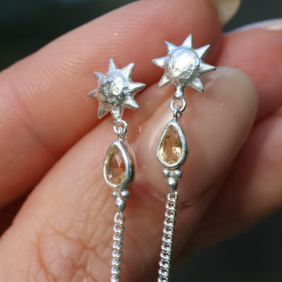 Silver Sun Dangle Studs Citrine Studs Front To Back Chain Earrings November Birthstone Jewelry Citrine Earrings Dangle Chain Stud Earrings