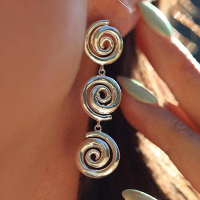 Swirl Earrings Silver Statement Spiral Studs Occasion Earrings Gifts for Her Textured Handmade Triple Swirl Dangling Earrings Hypoallergenic