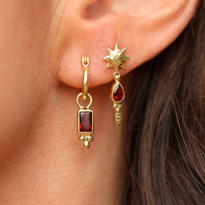 Sun Studs Gold Garnet Earrings Red Stone Chain Studs Occasion Jewelry Boho Chic Studs Pear Stone Dangling Chain 14K Gold Vermeil Jewelry