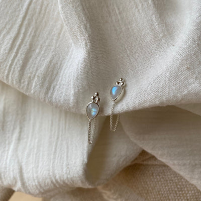 Ophelia Tear Sterling Silver Rainbow Moonstone Studs, Silver Wrap Around Earrings. Front to back Studs, Rainbow Moonstone, June Birthstone