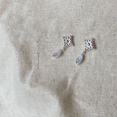 Illy Tiny Drop Earrings, Sterling Silver Square Studs with Rainbow Moonstone Dangle, Small Stud Earrings, June Birthstone Jewelry