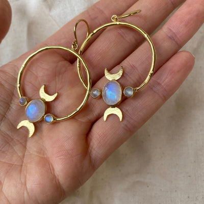 Desert Rainbow Moonstone 14K Gold Plated Earrings, Gold Moonstone Dangle Earrings, Gold Crescent Moon Jewelry, June Birthstone Jewelry, Gift