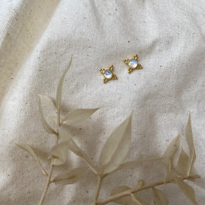 Ivy Tiny Sterling Gold Studs with Rainbow Moonstone. Boho Studs. Bohemian Jewellery for Women. Everyday Jewelry Gold