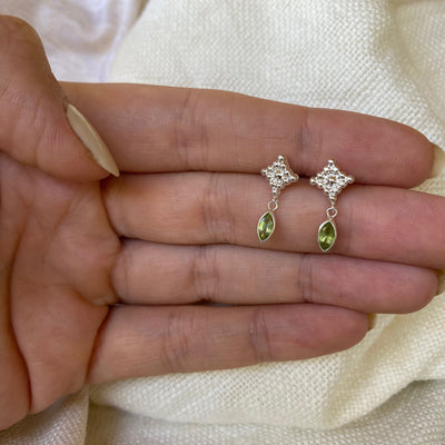 Illy Tiny Drop Green Peridot Earrings, Sterling Silver Square Studs with Peridot Dangle, Small Stud Earrings, August Birthstone Jewelry